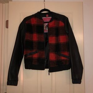 Leather jacket with plaid detail